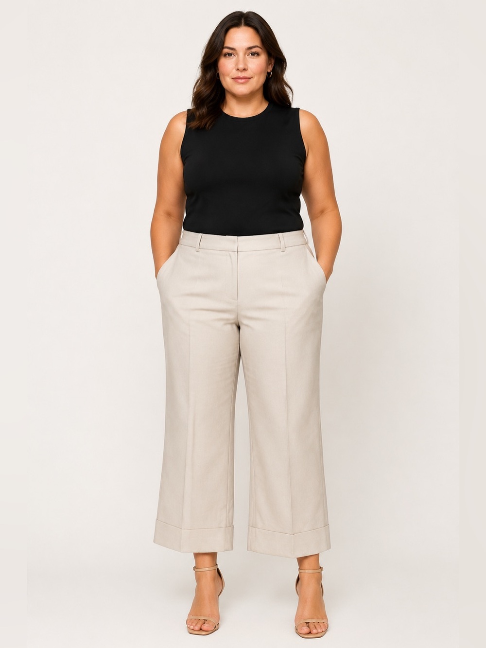 QL2 Quelledue Melody Wool Wide Leg Cuffed Trousers Beige IT 48 US 12